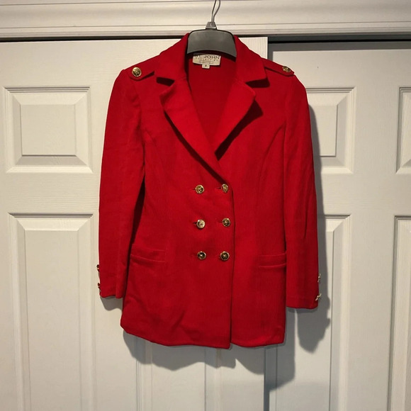 St. John Collection Vintage Military Wool Knit Red Dress Suit Jacket Coat Blazer - Picture 3 of 6